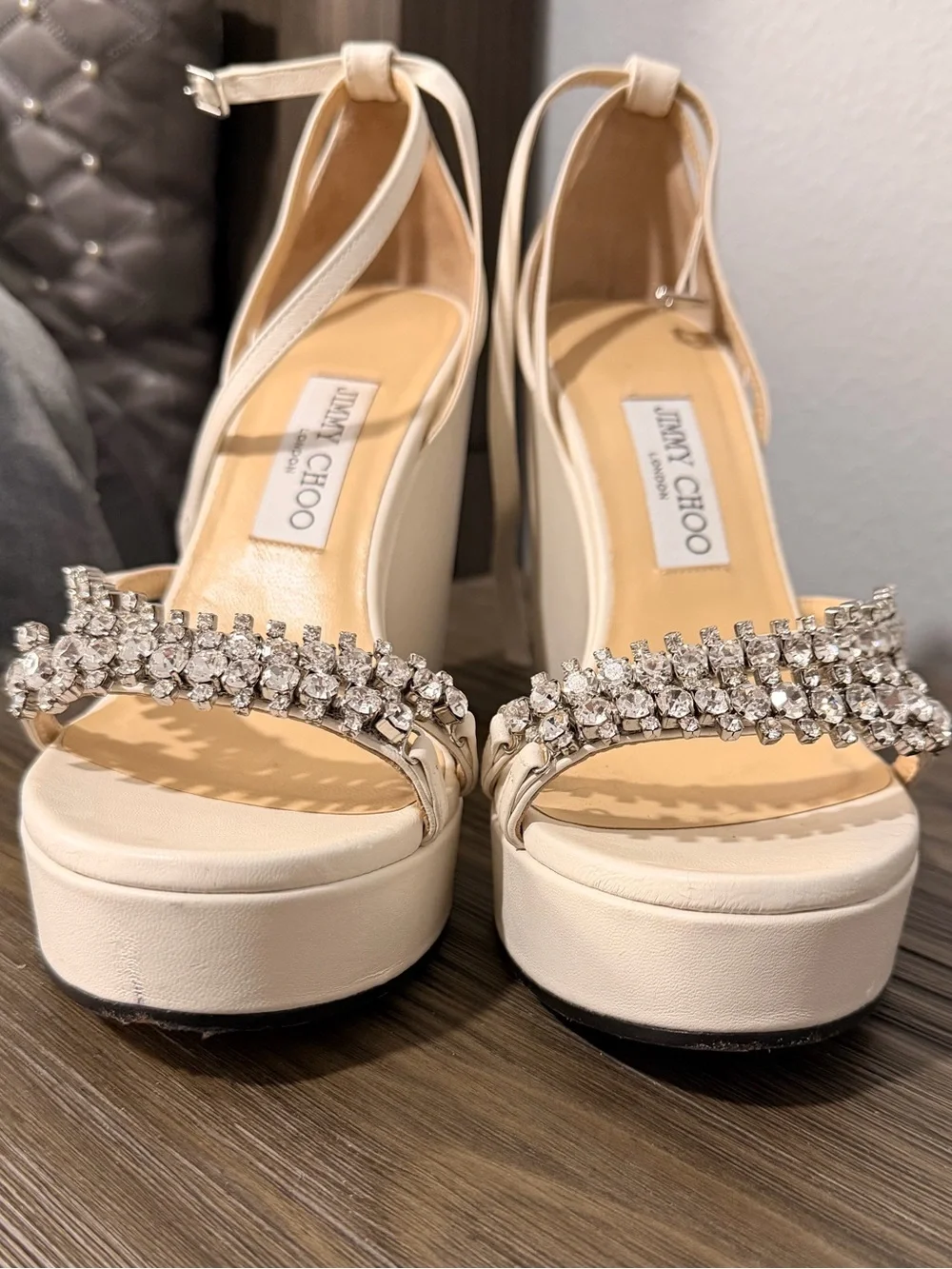 Jimmy Choo Bing Wedges in Latte/Crystal, Size 39 EU, Size 9 US, worn once
